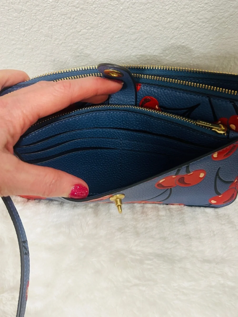 Coach Cherry Print Blue Crossbody Wallet Bag 8 inches New - Picture 3 of 12